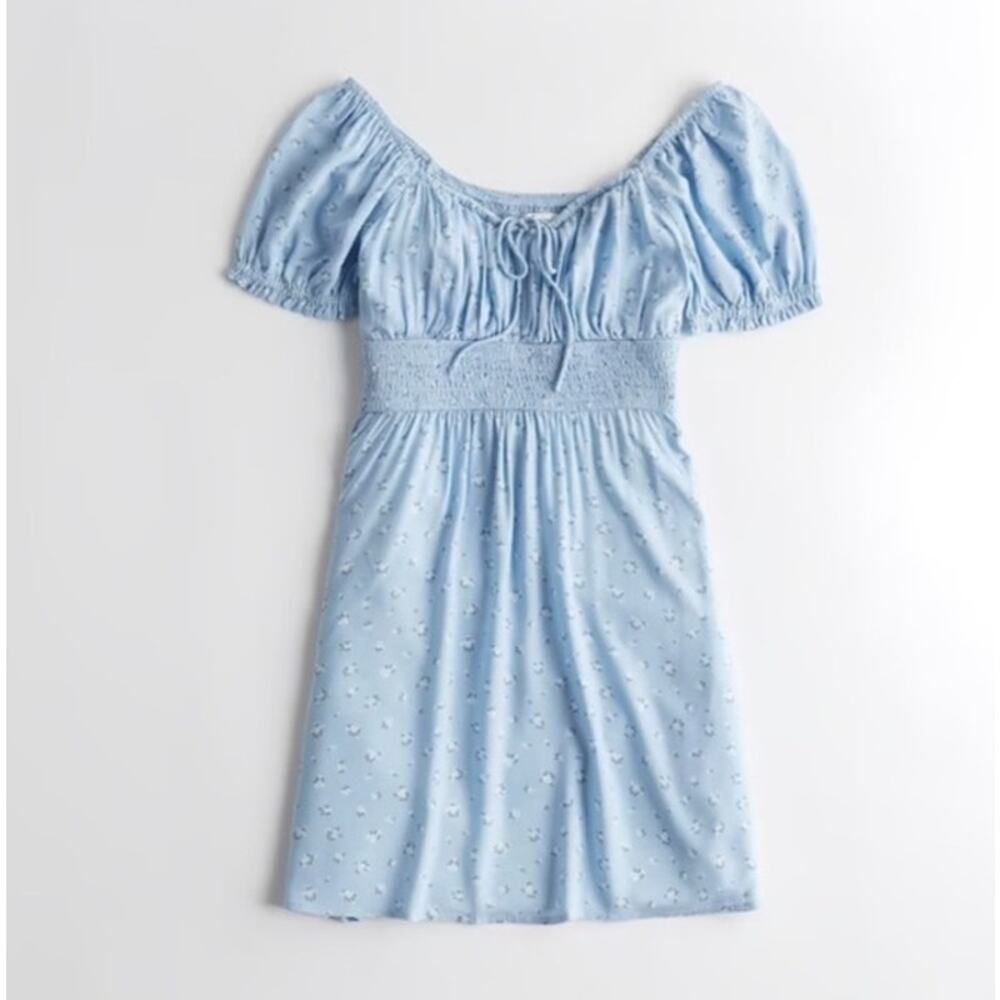 Hollister Blue Swiss Dot Puff Sleeve Ruched Coquette Mini Dress Small